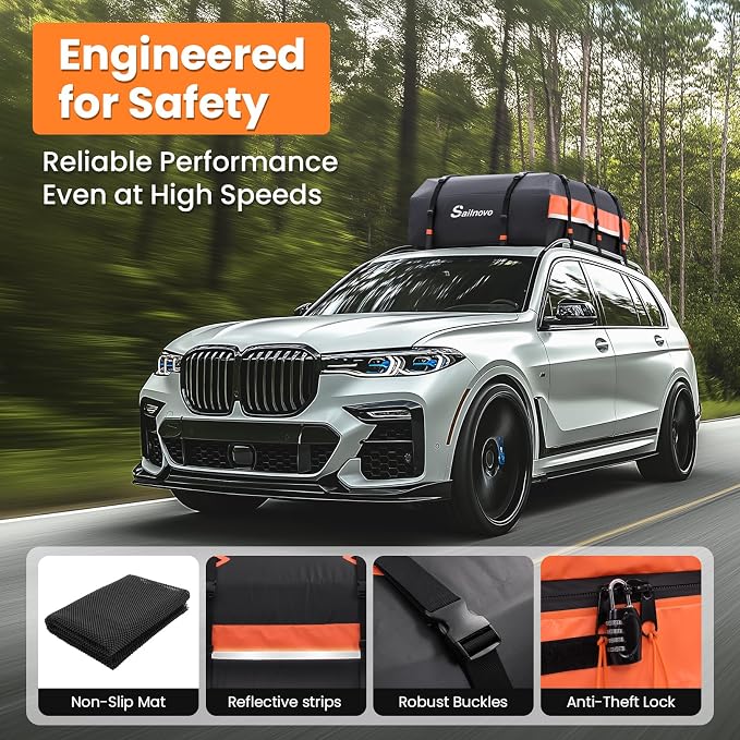Sailnovo Car Rooftop Cargo Carrier 21 Cubic Feet Waterproof Soft Roof Bag | Heavy Duty 1000D PVC, Fit Vehicles with/without Rack, includes Anti-Slip Mat,6 Door Hooks,10 Reinforced Straps,Lock, for Trip - Image 6