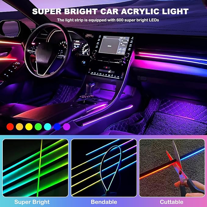Acrylic Interior Car LED Strip Lights, USB Dreamcolor (2 in 1) | Acrylic LED Lights for Car with Wireless APP and Button Control, RGB Dynamic Chasing, Music Sync Ambient Lighting Kits - Image 3