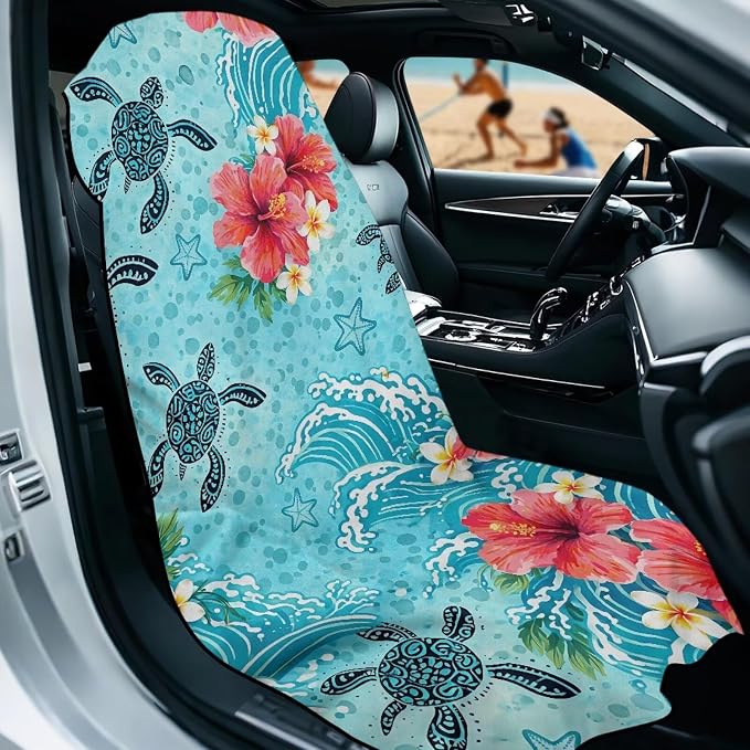 SEANATIVE Car Seat Towel Covers - Breathable Sweat Absorbing Automotive Seat Protectors for Gym, Camping & Pet Transport (Fits SUV/Truck), Hawaii Turtle Print - Image 2