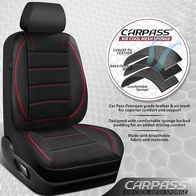 CAR PASS Air Mesh Leather Car Seat Covers Front Seats, Breathable Two Front Seat Covers for Cars, Comfortable Universal Fit for SUV Truck Sedan Automotive, Anti-Slip Airbag Compatible,Black and Red - Image 3