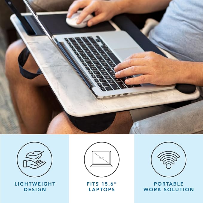 LAPGEAR Home Office Pro Lap Desk – White Marble, Fits 15.6” Laptops | Built-In Mouse Pad & Phone Slot, Wide Cushioned Wrist Rest, Dual-Bolster Microbead Cushion, Carry Handle - Image 2