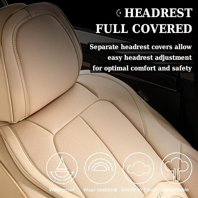 Coverado Seat Covers, Leather Seat Covers Front Seat, Luxury Car Seat Covers with Lumbar Support, Front Driver Seat Covers, Car Seat Protector Waterproof Universal Fit Most Cars(Beige) - Image 4