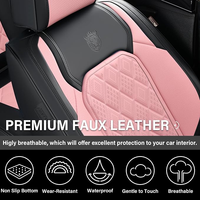 Coverado Leather Seat Covers, Car Seat Cover Front Seats, Waterproof Seat Covers, Luxury Faux Leather Car Seat Protectors, Black and Pink Car Seat Cover Universal Fit for Most Cars - Image 4