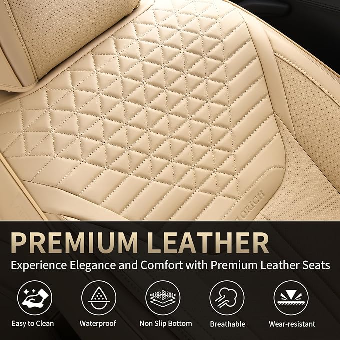 Seat Covers, Car Seat Covers Full Set, Luxury Nappa Leather Seat Covers, Breathable and Waterproof Car Seat Protector 5 Seat, Automotive Seat Covers Universal Fit for Most Cars-Beige - Image 8