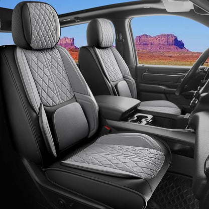 Car Seat Cover Custom Fit for Dodge Ram 1500 2500 3500 2002-202 Faux Leather Seat Cover Set Compatible with Crew Quad Regular Cab Pickup Truck Cushions (Black & Grey, Full Set, Flat Rear) by DuDuWang