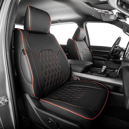 EKR Ram 1500 Seat Covers Custom Fit for (Quad Cab) RAM 1500 Big Horn/Long Star 2019-2025,Waterproof Black Car Seat Cover for Trucks Full Set-Faux Leather(Black with Red Piping) by EKR