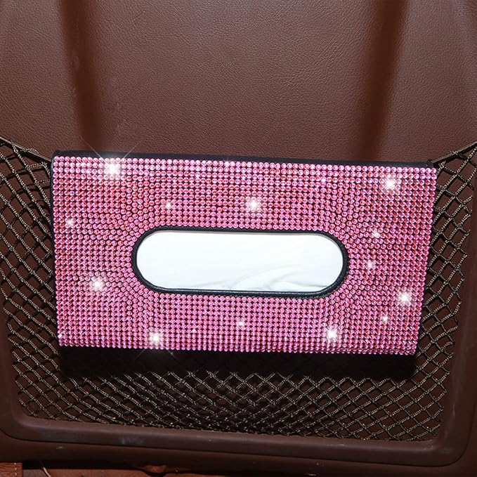 Bling Car Sun Visor Tissue Box Holder, Rhinestone PU Leather Crystal Sparkling Napkin Holder, Backseat Paper Towel Cover Case Car Accessories for Women (Pink) - Image 7