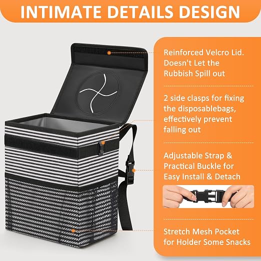 Vankor Car Trash Can with Lid Leak Proof Car Accessories for Women | 3 Gallon Cute Hanging Car Trash Bin for Men Car Truck Vehicle Sedan SUV Interior Automotive Garbage Cans, Stripe - Image 4