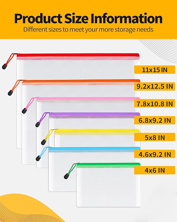 SUNEE Multisize Mesh Zipper Pouches (7 Colors, 21 Packs), Water-Resistant Zip Bag for School Office Supplies, Puzzles & Games Organizing Storage - Image 2