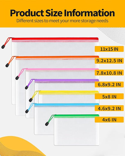 SUNEE Multisize Mesh Zipper Pouches (7 Colors, 21 Packs), Water-Resistant Zip Bag for School Office Supplies, Puzzles & Games Organizing Storage - Image 2