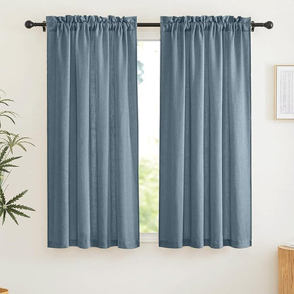RYB HOME Linen Textured Semi Sheer Curtains 63 inches Long for Living Room | Half Privacy, Light Filtering, Faux Linen Blend, Office Nursery Dorm Bathroom, Stone Blue, W52 x L63, 1 Pair by RYBHOME