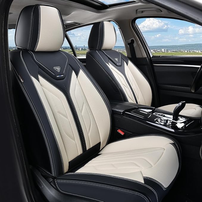 Coverado Front Seat Covers, Car Seat Covers Front Seats, Leather Seat Covers for Cars, Automotive Seat Covers Car Seat Protector Car Accessories Fit for Most Sedans SUV Pick-up Truck(Black&Beige) by COVERADOAUTO