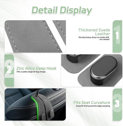Car Seat Headrest Hooks, 2PCS Universal Car Purse Hook Leather Car Bag Hook | Gray Car Bag Purse Holder with Double Metal Hooks for Handbags, Grocery Bags, Bottles, Phones - Image 5