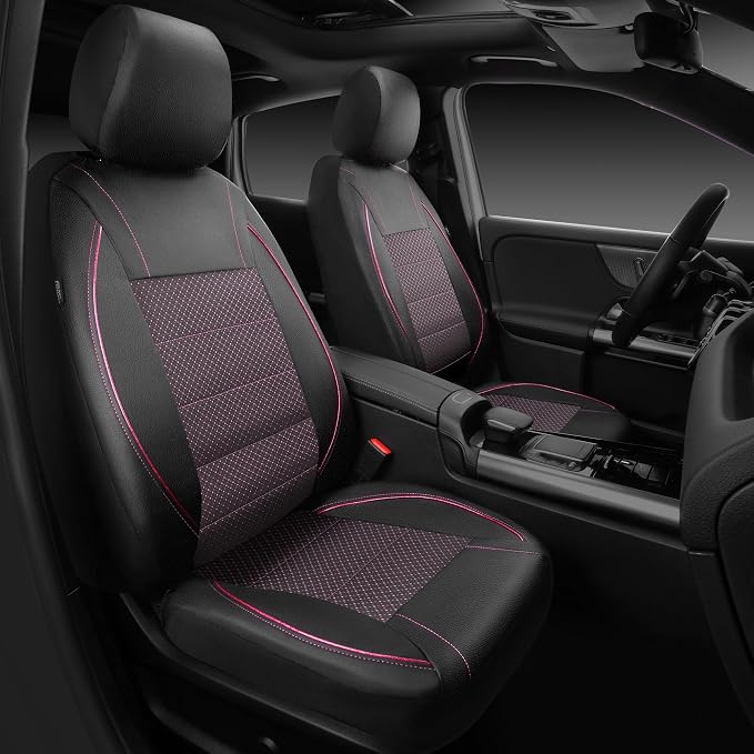 CAR PASS Piping PU Leather Car Seat Cover Full Set,Inside Zipper Design and Reserved Opening Holes，Airbag Compatible,Universal FIT for Car, SUVs,Van,Trucks（Full Set, Black & Pink） - Image 2