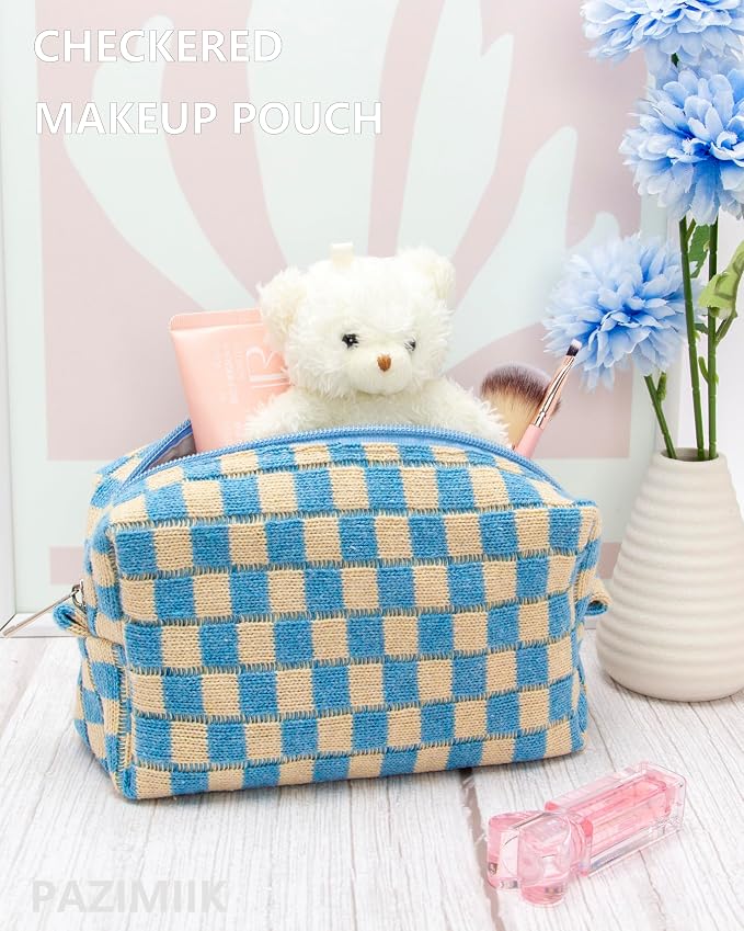 Checkered Makeup Bag for Purse, Small Travel Cosmetic Pouch,Blue Beige | Cute Zipper Makeup Organizer for Women, Travel Essentials, Toiletries, Makeup Brushes, Beauty Accessories&Bridesmaid Gifts - Image 2