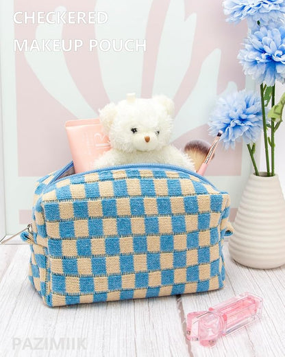 Checkered Makeup Bag for Purse, Small Travel Cosmetic Pouch,Blue Beige | Cute Zipper Makeup Organizer for Women, Travel Essentials, Toiletries, Makeup Brushes, Beauty Accessories&Bridesmaid Gifts - Image 2