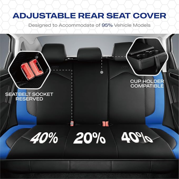 Skechers Memory Foam Car Seat Covers, Leather High Back Seat Covers Quilting Design,Waterproof Sports Car Seat Covers Full Sets,Airbag Compatible, Universal Fit for Most Cars, SUVs,Trucks,Blue - Image 7