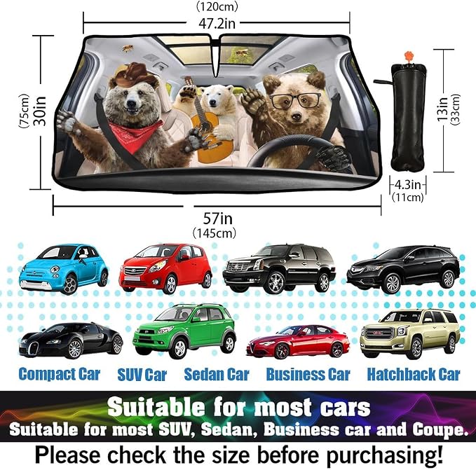 Socira Funny Bear Car Window Shades Windshield Sun Shade Umbrella | Foldable Bear Sunshade for Front Window Auto Windshield Sunshade Covers Bear Car Accessories 57'' X 30'' - Image 3