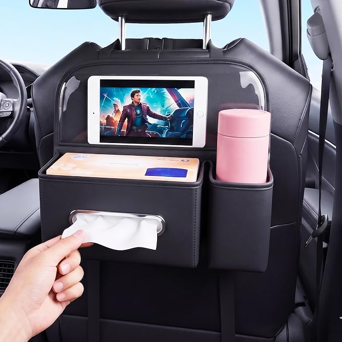 4 in 1 PU leather Backseat Car Organizer with Car Tissue Cup Tablet Holder | Fits180 standard tissue,oversized 4" cup pocket,touch-through tablet window, adjustable straps ,tool-free install by Unknown