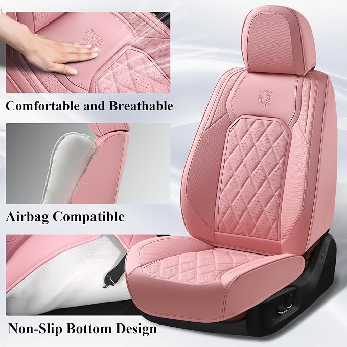 Coverado Car Seat Covers Full Set, Pink Leather Seat Covers for Cars, Universal Waterproof Car Seat Cover, Luxury Front and Back Car Seat Protector, Automotive Seat Covers Fit for Most Cars, Pink - Image 2