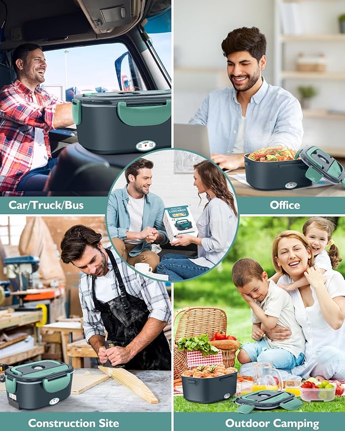 Eocolz Electric Lunch Box Food Heater, Food Warmer 1.5L Portable Heated Lunch Box for Car Truck Work Stainless Steel Fork & Spoon 12/24/110V for Adults Lonchera Eléctrica (gray-blue) - Image 5