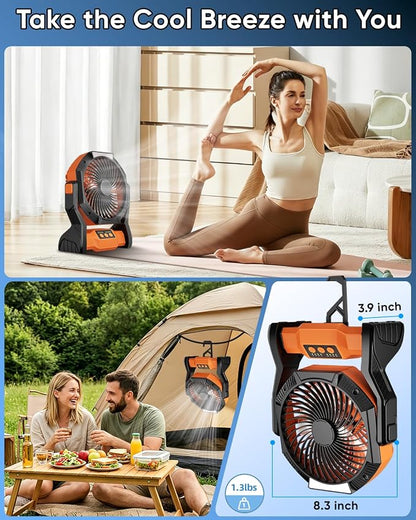 Portable Rechargeable Fan, 20000mAh Battery Powered Camping Fan with LED Light & Hook, 270° Adjustable, 4-Speed, 4H Timer Camping Essentials for Outdoor Tent Travel BBQ Car_Orange - Image 7
