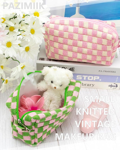 Checkered Makeup Bag for Purse, Small Travel Cosmetic Pouch,Pink Green | Cute Zipper Makeup Organizer for Women, Travel Essentials, Toiletries, Makeup Brushes, Beauty Accessories&Bridesmaid Gifts - Image 6