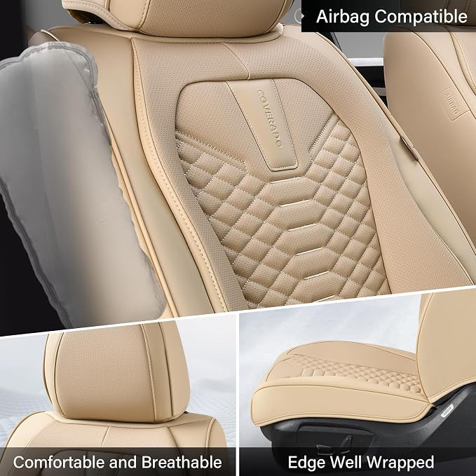 Coverado Front Seat Covers, 2 Pieces Universal Seat Cover for Cars, Breathable Nappa Leather Waterproof Car Seat Cover, Car Seat Protector, Driver Seat Cover, Auto Seat Covers Fit for Cars, Beige - Image 3