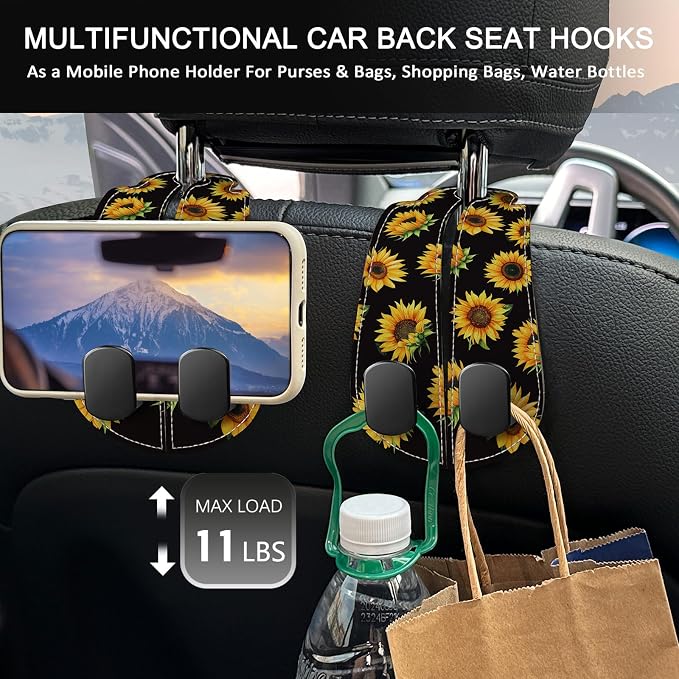 Blusabaca 2PCS Car Seat Headrest Hooks, Purses Bags Holder, Sunflower | PU Leather, Double Metal Back Storage Hangers for Grocery Bags Handbags Bottles Coats Phones, Car Accessories Organization - Image 3