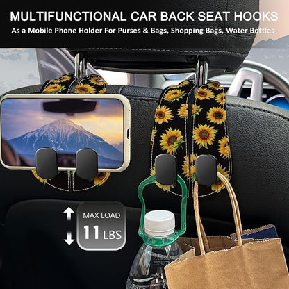 Blusabaca 2PCS Car Seat Headrest Hooks, Purses Bags Holder, Sunflower | PU Leather, Double Metal Back Storage Hangers for Grocery Bags Handbags Bottles Coats Phones, Car Accessories Organization - Image 3