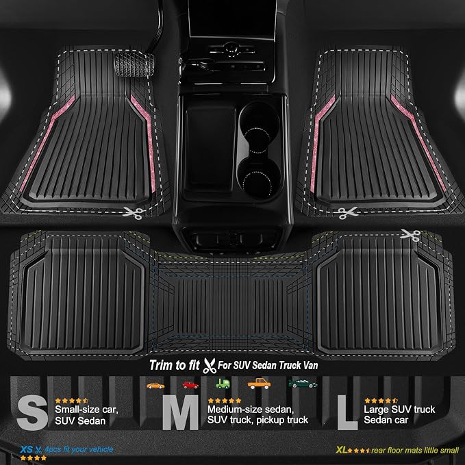 CAR PASS Pink Heavy Duty Rubber Floor Mats for Car, Waterproof Liner Deep Dish Bling Car Mats Full Sets, Universal Trim to Fit for SUV Truck Sedans Vans, All Weather Floor Mats, Pink Sparkly - Image 2