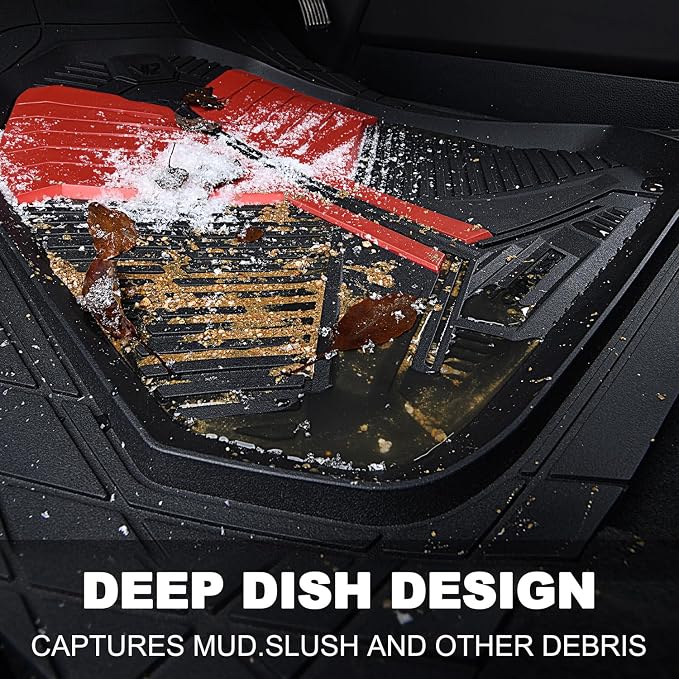 CAR PASS Heavy Duty Rubber Car Mats, Deep-Dish Car Floor Mats All Weather, Universal Two-Tone Trim-to-Fit for SUVs Trucks Sedans, Waterproof Anti-Slip, 3 Pieces V12 Black and Metallic Red - Image 4