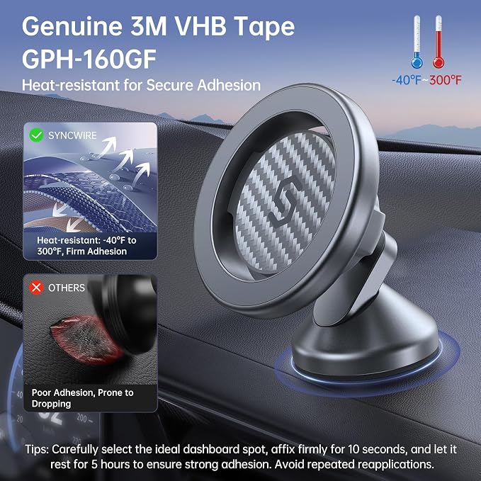 SYNCWIRE MagSafe Car Mount, Adjustable Magnetic Phone Holder, Carbon Fiber | 360° Rotating Strong Magnet Phone Mount with 3M VHB Adhesive, Compatible with iPhone 17/16/15/14/13/12 & MagSafe Cases - Image 5