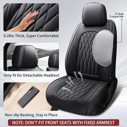 WELLDO Nappa Faux Leather Car Seat Covers Full Set, Black | Waterproof, Non-Slip Seat Protector, 0.28in Thickened Cushion, Airbag Compatible, Universal for Cars SUV Truck Pickup - Image 3