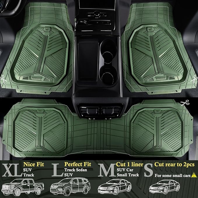 CAR PASS Heavy Duty Rubber Car Mats, Deepdish All Weather Floor Mats for Car Full Set, Universal Automotive Mats Trim to Fit for Sedans SUVs Trucks, Waterproof Anti-Slip Deep Tray 3 Pieces Olive Green - Image 2