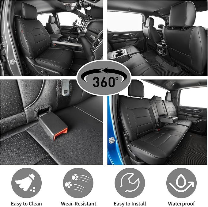 EKR Ram 1500 Seat Covers Custom Fit for (Quad Cab) RAM 1500 Laramie/Rebel 2019 2020 2021 2022,Waterproof Black Car Seat Cover for Trucks Full Set-Faux Leather(Black) - Image 5