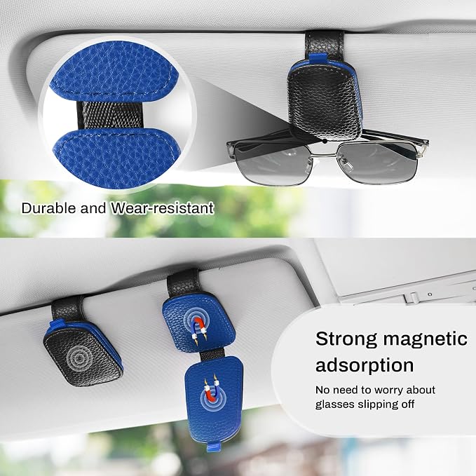SINGARO Sunglasses Holder for Car, Leather Magnetic Buckle Sun Visor Sunglass Clip, Ticket Card Storage Glasses Clip, Car Interior Accessories for Men and Women（2PCS Black-Blue） - Image 7