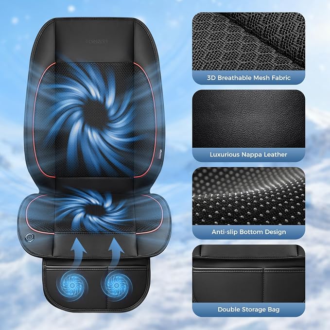Coverado Cooling Car Seat Cushion with Dual Turbo Fans, Ventilated Seat Cover with 3-Speed Adjustable Airflow, Breathable Gray Universal Seat Pad for Cars, SUVs, Trucks and Vans，Red Line - Image 4
