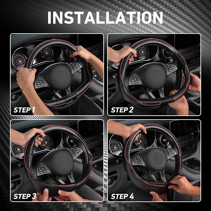 SEG Direct Steering Wheel Cover 14.5"-15" Heavy-Duty, Black Red Carbon | Universal Standard Medium Size 37-39cm, Microfiber Leather Carbon Fiber Pattern, Non-Slip, Car Auto Interior Accessories - Image 6
