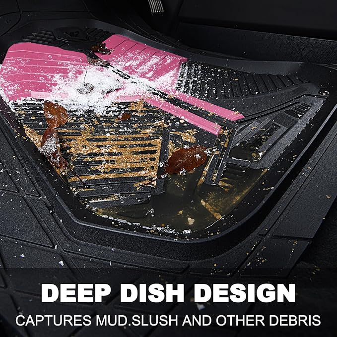 CAR PASS Heavy Duty Rubber Car Mats, Deep Dish Car Floor Mats All Weather, Car Mats Full Set 3-Piece Trim to Fit for Sedans SUVs Trucks,Women Waterproof Anti-Slip Automotive Mats, V12 Black and Pink - Image 5