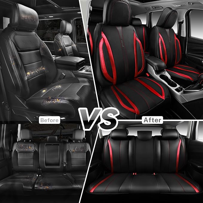 CAR PASS Nappa Leather Car Seat Covers, Durable Waterproof Luxury Universal Seat Covers for SUV Pick-up Truck Sedan, Anti-Slip Driver 5 Seat Covers Full Set with Backrest, Black Metallic Red - Image 7