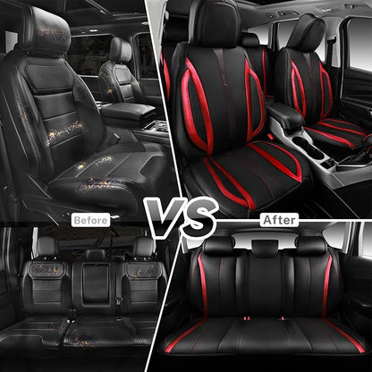 CAR PASS Nappa Leather Car Seat Covers, Durable Waterproof Luxury Universal Seat Covers for SUV Pick-up Truck Sedan, Anti-Slip Driver 5 Seat Covers Full Set with Backrest, Black Metallic Red - Image 7