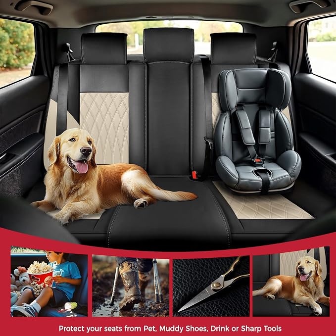 FREESOO Car Seat Covers Full Set Faux Leather Universal Fit Black Beige | faux nappa leather seat covers, waterproof breathable, full set lumbar support, front rear covers, fit sedans suvs pickups - Image 7