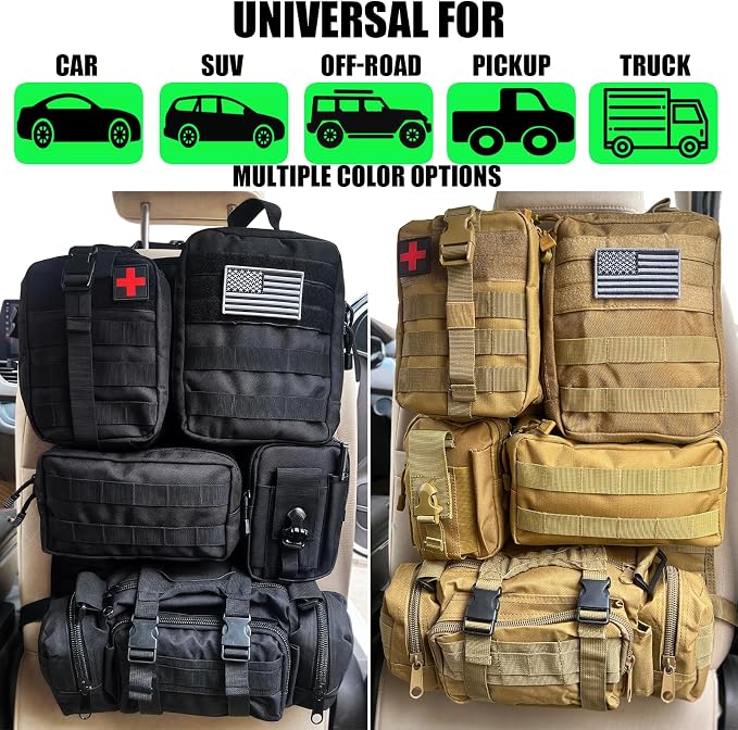 7 PACK Tactical Seat back organizer Truck organizer With 6 Detachable Pouches Universal For Car Truck Ford Jeep Military-Grade Heavier Panels With Multi-functional Packs (2 Set Black) - Image 3