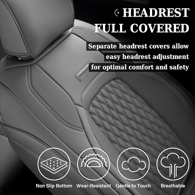 Coverado Chevy Chevrolet Silverado GMC Sierra Seat Covers Full Set, Custom Fit for 2014-2018 1500, 2015-2019 2500HD 3500HD Crew Double Extended Cab Truck, Waterproof Leather Car Seat Covers (Gray) - Image 4