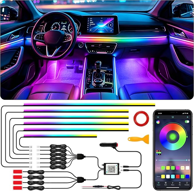 Interior Car LED Strip Lights with Wireless APP, Ambient Lighting Kits with Dynamic Dreamcolor Chasing, 16 Million Colors Acrylic LED Lights for Car, Sound Active Function Car Neon Lights (10 in 1) by SAMGCHI