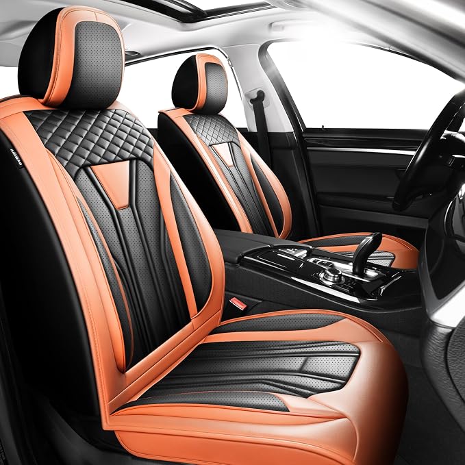 Fit Yaris Premium Leather Car Seat Covers for Toyota Yaris 2007-2019 2020 - Waterproof，Breathable，All-Weather Seat Cushion Protecto & Airbag Compatible, 2 Front Seat Orange&Black by Unknown