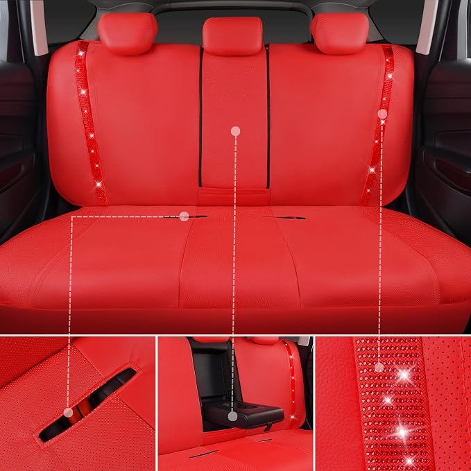 CAR PASS Bling Diamond Car Seat Covers Full Set, Shining Rhinestone Waterproof Faux Leather, Rear with Zipper, Universal Fit Automotive Glitter Crystal Sparkle Strips for Cute Women Girl, Red - Image 7