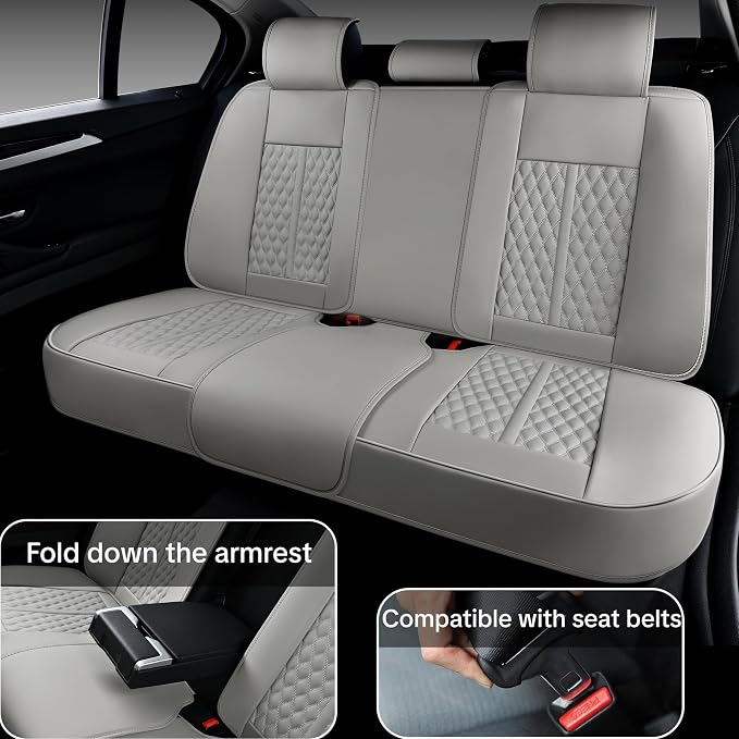 Car Seat Cover Complete Set, Light Gray, Suitable for Most Cars | with Lumbar Support, Premium Artificial Leather, Waterproof and Easy to Clean, Airbag Compatible - Image 7