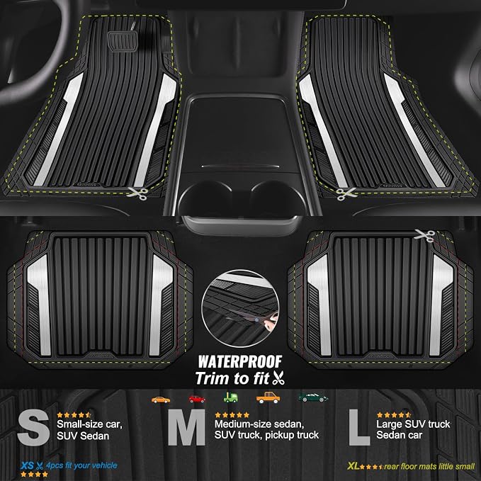 CAR PASS Heavy Duty Rubber Car Mats Metallic, Aluminum Film All Weather Floor Mats Waterproof Universal Trim to Fit for SUV Sedan Van 4 Piece Deep Dish Two-Tone Sporty Black Silver Chrome - Image 4
